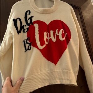 Gently worn Dolce & Gabbana Cream Sweater with Red Heart and Black Script